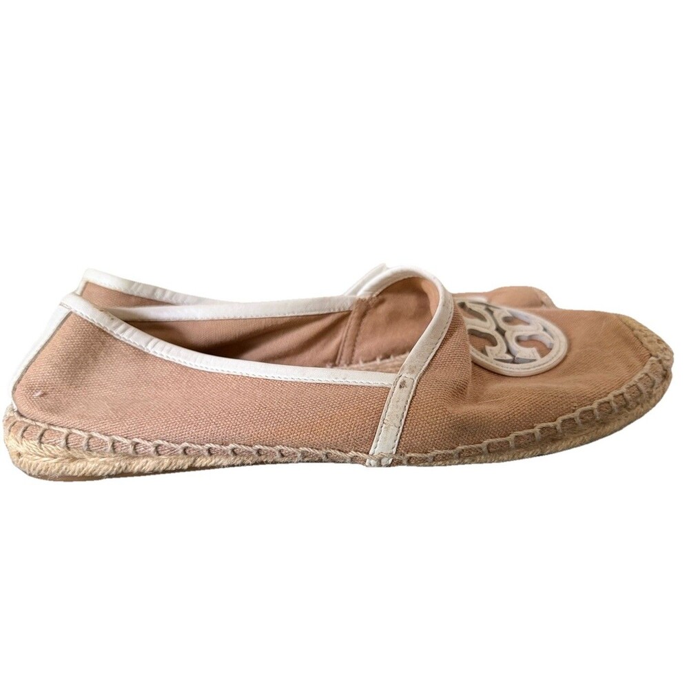 Tory Burch Logo Canvas Espadrille Flat Slip On Shoe Size 8.5 Cream - Picture 7 of 10